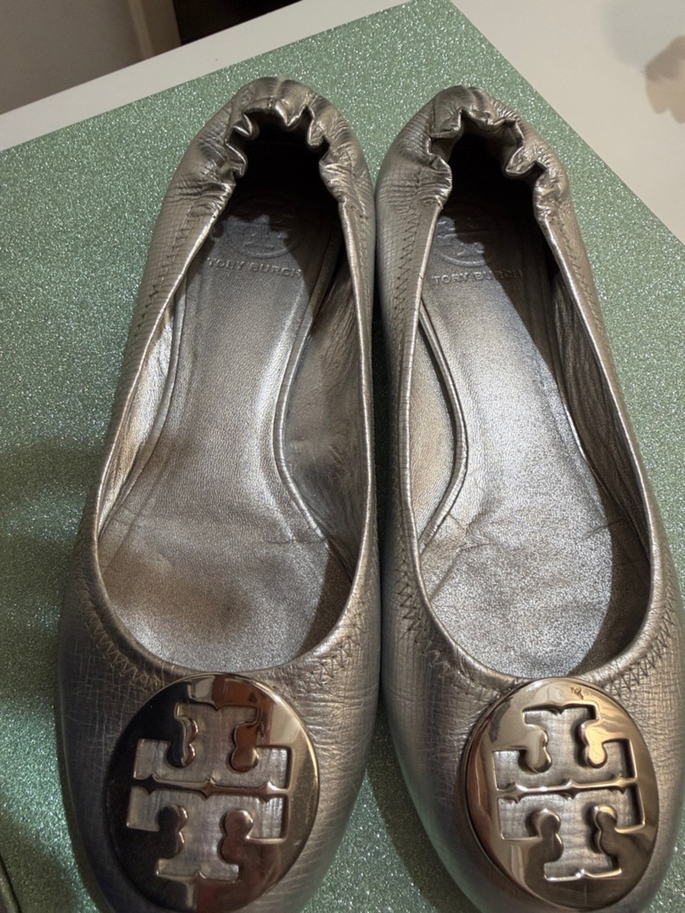 Tory Burch Silver Metallic Logo Ballet Flats